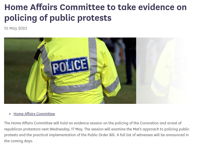 Parliament to act
The Home Affairs Select Committee will take evidence next week on the 'the policing of the Coronation', including the arrest of multiple #NotMyKing protestors.
#DefendDissent #CoronationArrests