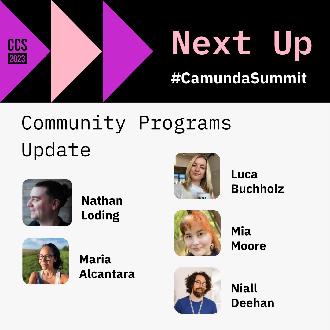 Camunda (@camunda) on Twitter photo There's always something happening with the Camunda Community! Here to share the highlights you need to know are members of our DevRel team: @nathanloding, @lucaceline_, <a href="/maria_alcantara/">maria alcantara</a>, @xomiamoore, and @nialldeehan. bit.ly/44tqFe4
#CamundaSummit There's always something happening with the Camunda Community! Here to share the highlights you need to know are members of our DevRel team: @nathanloding, @lucaceline_, <a href="/maria_alcantara/">maria alcantara</a>, @xomiamoore, and @nialldeehan. bit.ly/44tqFe4
#CamundaSummit