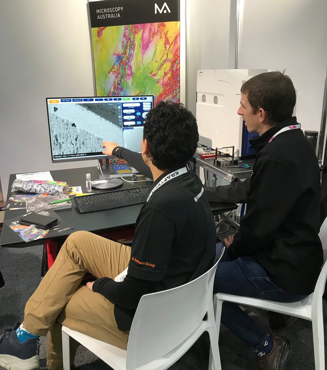 micro_au's tweet photo. Some very interested visitors to our booth @AusManufWeek have looked at their samples in our electron microscope. Hope to see you with yours on Friday – or just come for a chat: you never know what you'll discover! #AMTIL_AUS #manufacturing #AMW2023 @Hitachi_EM @AusIndustry https://t.co/bX5BF1KsFy