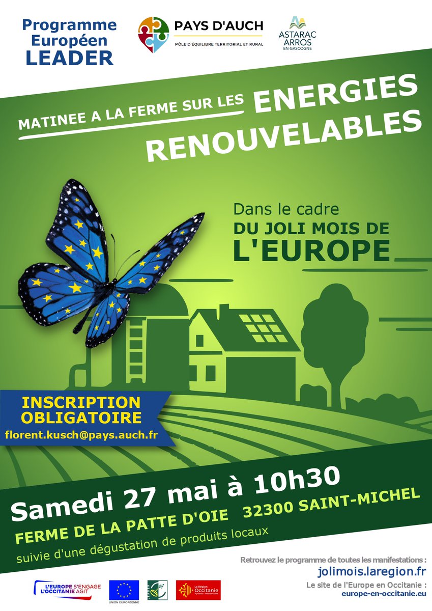 EuropeGascogne's tweet photo. 🇪🇺🦋Dans le cadre du Joli mois de l'Europe Le PETR du Pays d’Auch organise le samedi 27 à 10h30, une visite de la Ferme de la Patte d’Oie à Saint Michel (32300) sur le thème des énergies renouvelables.

N'hésitez pas à vous inscrire: https://t.co/AiJNNlPSLE https://t.co/mRXEmANnmt