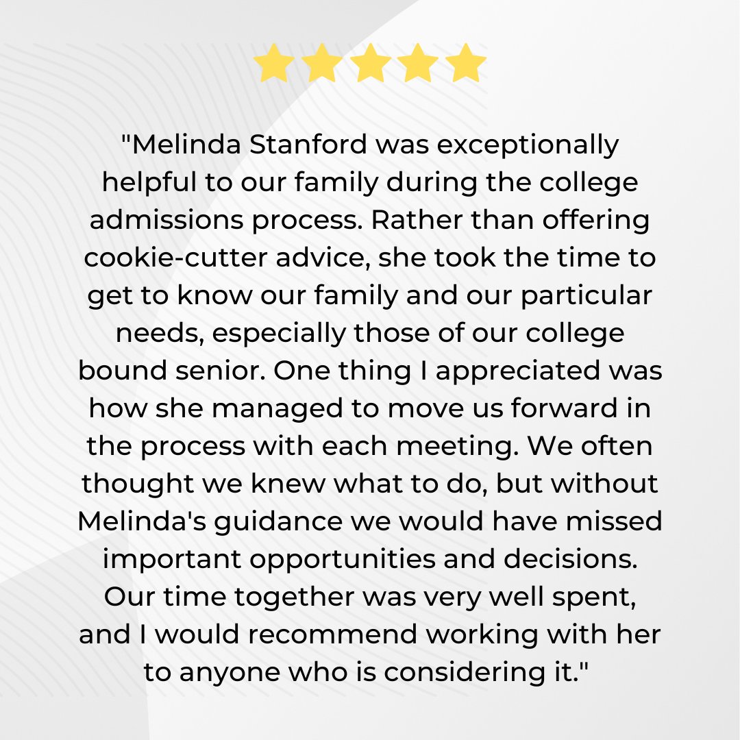 Here is a testimonial from one of our clients, a college parent who worked with us to help their child through the college admissions process. We're passionate about helping our clients achieve their goals &amp; it's an honor to be a part of their journey.

#CollegeAdmissions