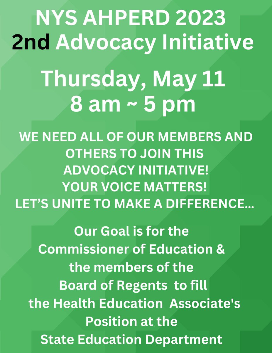 NYSAHPERD's tweet image. TODAY IS THE DAY!!
LET YOUR VOICES BE HEARD!!
ADVOCATE ON BEHALF OF YOUR COLLEAGUES AND STUDENTS!

#advocate #statelevel #departmentofeducation #thunderclap