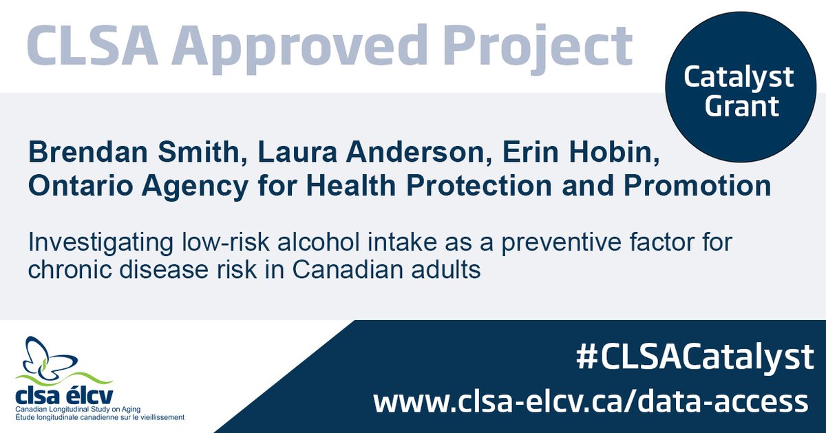 Catalyst Grant⭐: Drs. Brendan Smith, Laura Anderson @AndersonLauraN &amp; Erin Hobin <a href="/erinhobinPhD/">Erin Hobin</a>, Public Health Ontario <a href="/PublicHealthON/">Public Health ON</a> 

📝: Investigating low-risk alcohol intake as a preventive factor for chronic disease risk in Canadian adults

🔗: ow.ly/F58C50NRNAg