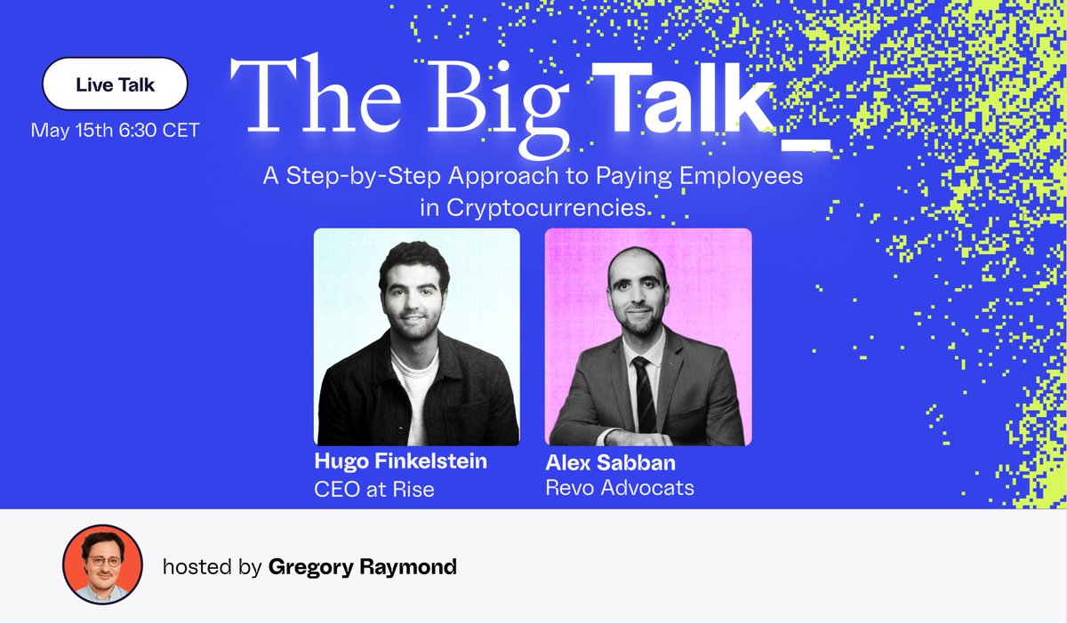 🎙 #BigTalk by <a href="/TheBigWhale_/">The Big Whale 🐳</a> 

Rendez-vous lundi à 18h30 avec <a href="/hugfink/">Hugo Finkelstein</a> (<a href="/rise_pay/">Rise</a>)  et <a href="/AxelSabban/">Axel Sabban</a>  (<a href="/RevoAvocats/">Revo Avocats</a>) pour un sujet passionnant 🔥

Quelles règles et outils pour rémunérer ses collaborateurs en cryptos ? 

S'inscrire au Space 👉 x.com/i/spaces/1DXGy…