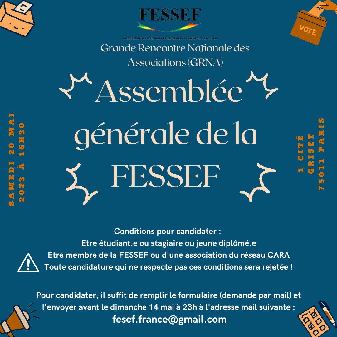 fesseffrance's tweet photo. ASSEMBLÉE GÉNÉRALE FESSEF 2023
L'assemblée générale aura lieu lors de la grande rencontre nationale des associations (GRNA) le samedi 20 mai 2023 au 1 cité griset (75011). Les candidatures se poursuivent ainsi jusqu'au dimanche 14 mai 2023 à 23h (délai de rigueur). À bientôt ! https://t.co/sB5oIC9LIs