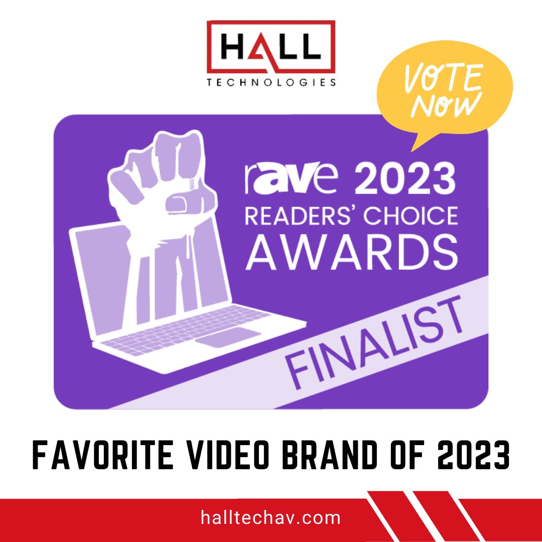 HallTechAV's tweet photo. What an honor! Hall Technologies has been nominated for the 2023 #rAVeReadersChoice Award for Favorite Video Brand. We couldn't have done it without our amazing team and loyal customers. Voting closes May 24th. https://t.co/0tiTtgO6KD
#HallTechnologies #TheHallWay #rAVePubs https://t.co/8UXgKkIKrT