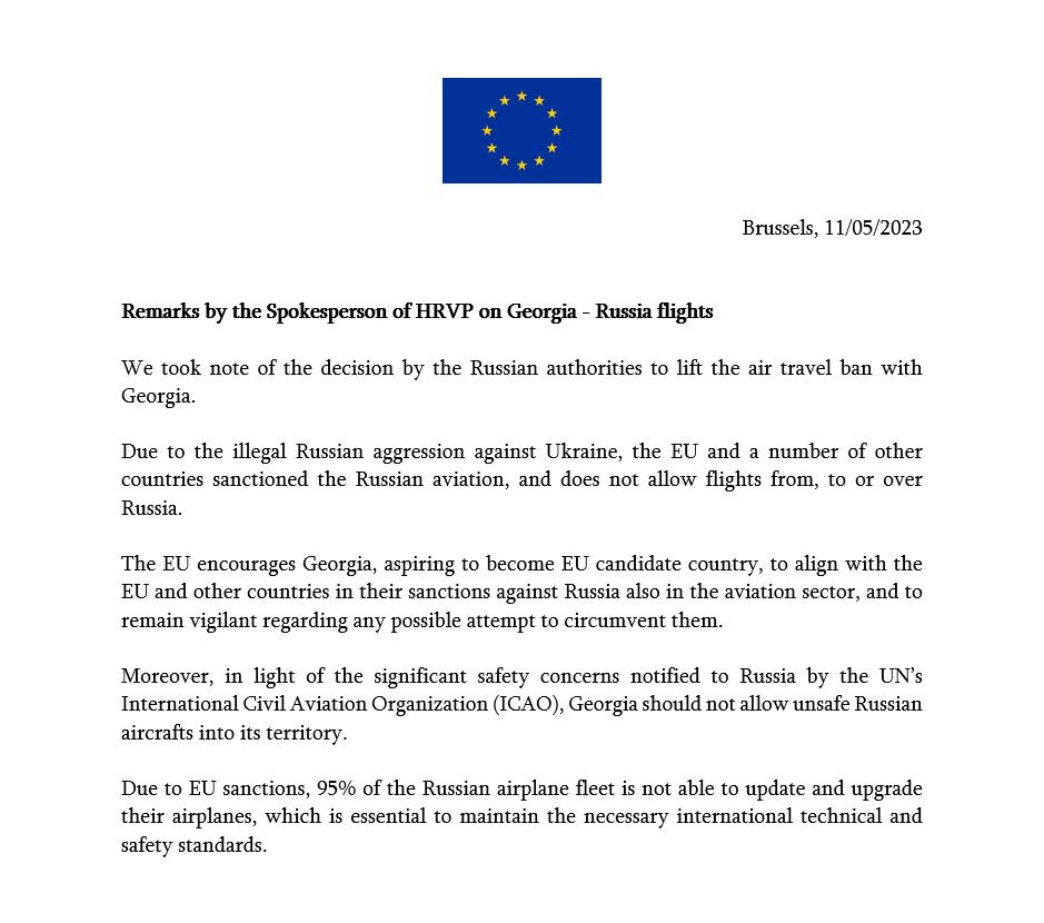 EUinGeorgia's tweet photo. Remarks by the Spokesperson of HRVP on Georgia - Russia flights

ENG: https://t.co/xQL7bbujxT
GEO: https://t.co/2950DusNrF

EC Midday press briefing of 11/05/2023 https://t.co/16k61w1aSE https://t.co/4mzDJVvU3r