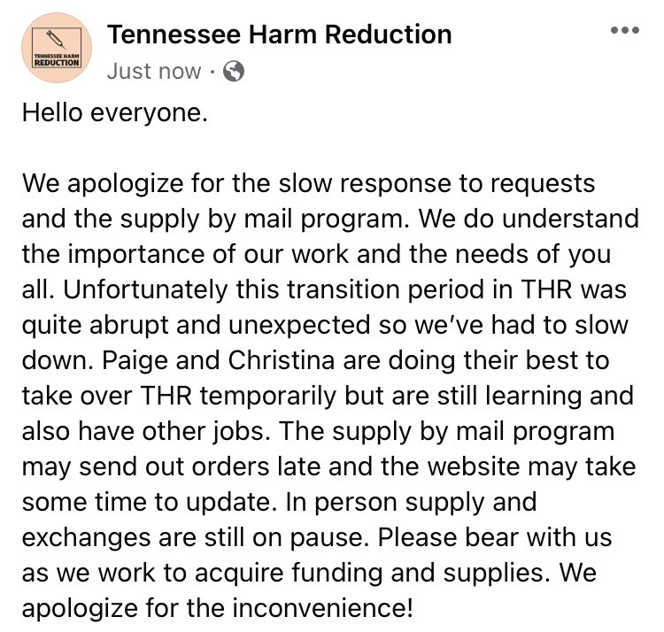 TNHarmReduction's tweet photo. Update from Tennessee Harm Reduction for those wondering what’s been going on. We apologize for the inconvenience. Paige Lemen (@theSUDscientist) is temporarily taking over daily operations along with Christina. We’ve had quite a few bumps on the road. Msg Paige if you have Q’s. https://t.co/gsn3mKWnrh