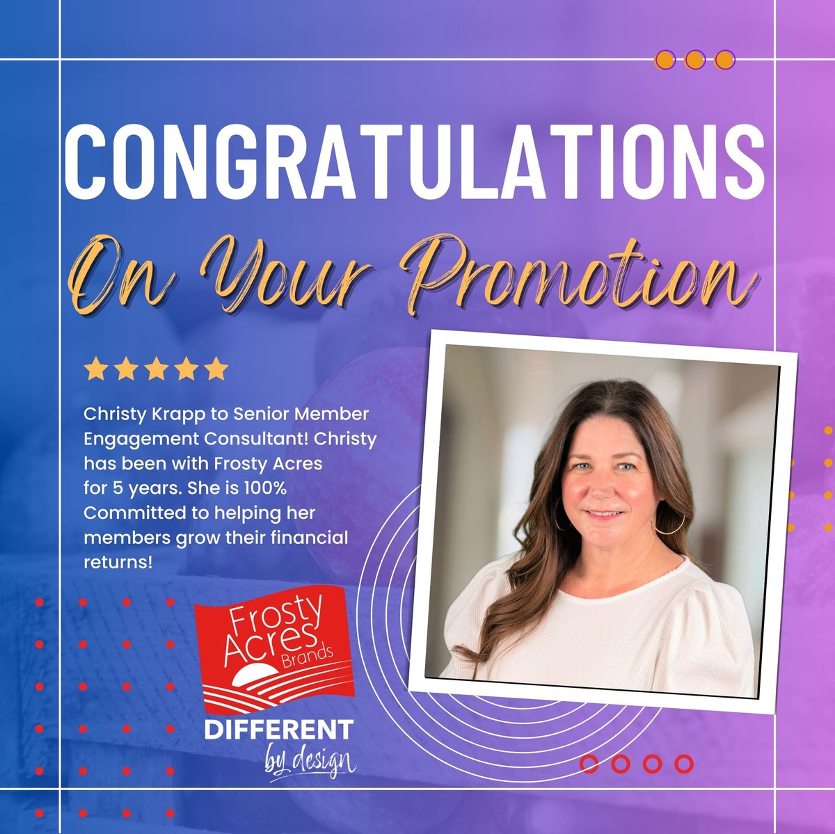 Exciting news, Frosty Acres Brands family! Let's give a round of applause to Christy Krapp, who has just been promoted to Senior Member Engagement Consultant! Let's congratulate her and continue working together to make #FrostyAcresBrands #DifferentByDesign.  #FrostyFamily