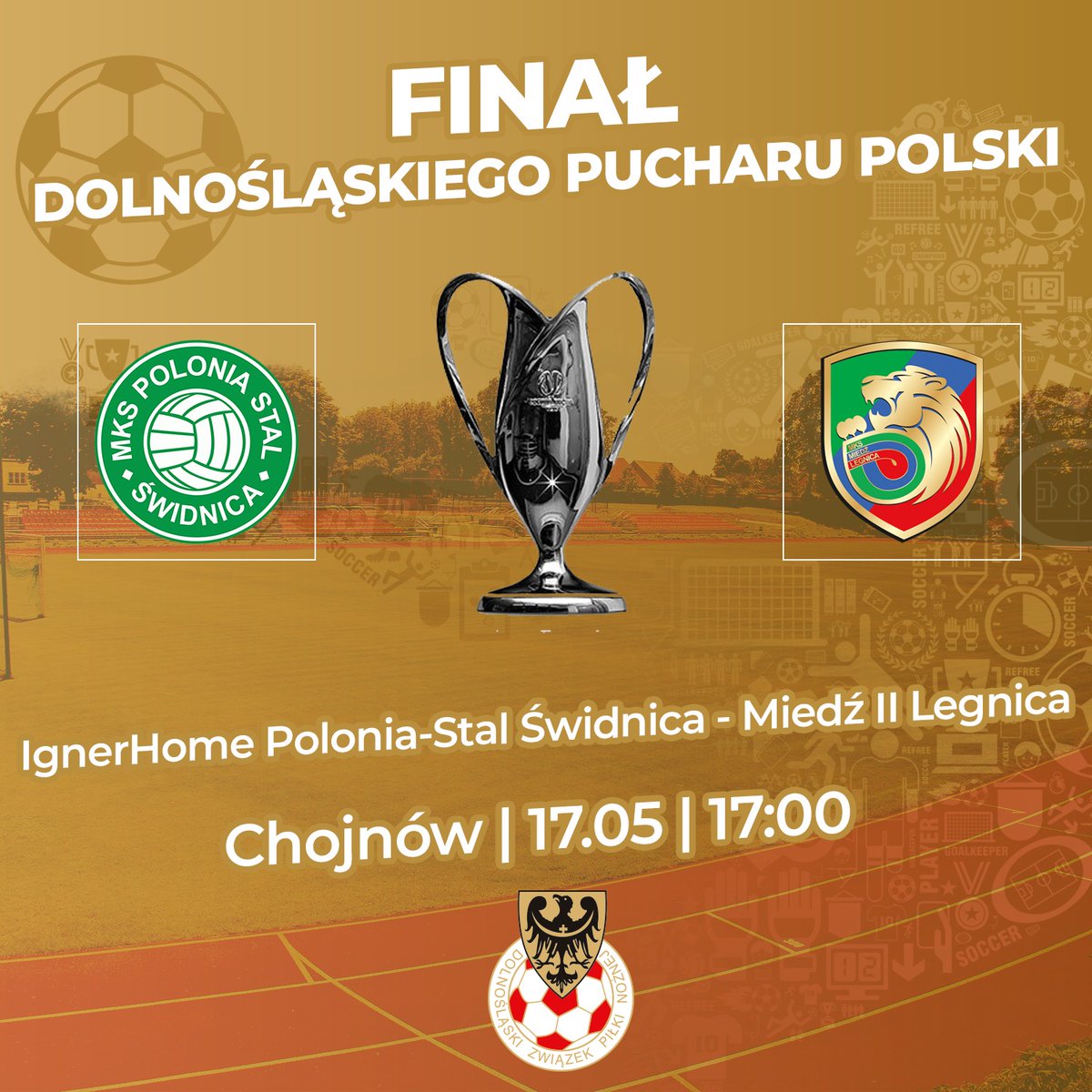 FINAŁ #DolnośląskiPucharPolski już w najbliższą środę 👈🏆 zmierzą się w nim Polonia-Stal Świdnica z <a href="/APMiedziLegnica/">Akademia Piłkarska Miedzi Legnica</a> 🔥

Wszystkich kibiców zapraszamy na stadion w Chojnowie 🏟 startujemy o godzinie 1️⃣7️⃣:0️⃣0️⃣ ⏰️

Transmisja na żywo na naszym kanale YouTube 📽