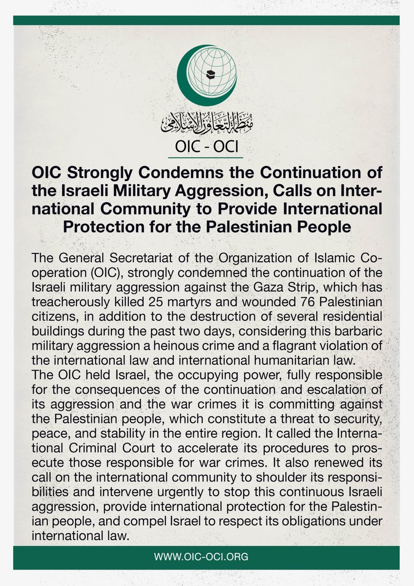 OIC_OCI's tweet photo. #OIC Strongly Condemns the Continuation of the #Israeli Military Aggression, Calls on International Community to Provide International Protection for the #Palestinian People: https://t.co/TFQEJ9QxNC https://t.co/7p6qcB7mBy