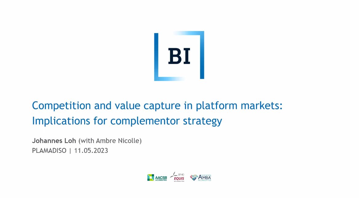 JWI_Digi_Econ's tweet photo. 📺Join us NOW for @LohJohannes's (@HandelshoyskBI) thought-provoking #PLAMADISO talk on "#Competition and #valuecapture in #platform #markets: Implications for #complementor strategy", with @AmbreNicolle (@LMU_Muenchen)🚀
🙏FREE as always, just send us a dm to tune in! https://t.co/VksjBLy1rl