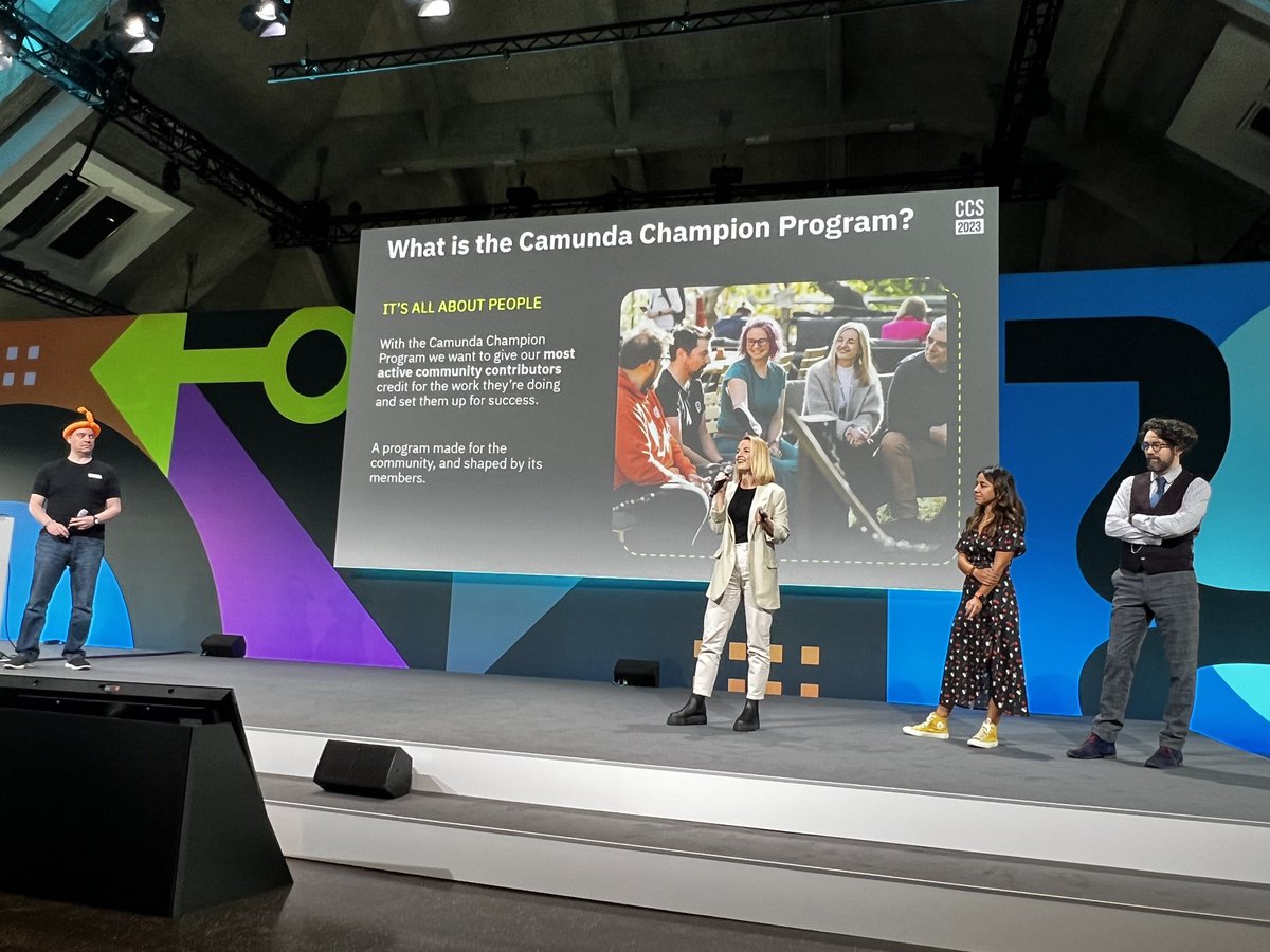 Camunda's tweet image. We wouldn’t be here at #CamundaSummit without you, our community! One of the ways we like to recognize members of our Champion Program! If you’re interested in becoming a champion, be sure to chat with current champions or our DevRel team!