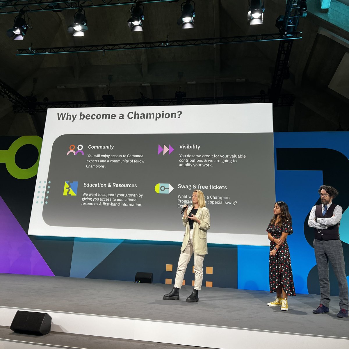 Camunda's tweet image. We wouldn’t be here at #CamundaSummit without you, our community! One of the ways we like to recognize members of our Champion Program! If you’re interested in becoming a champion, be sure to chat with current champions or our DevRel team!