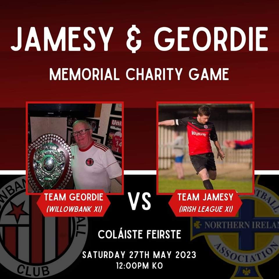 WillowbankClub's tweet photo. 🇾🇪 

⚽️| Jamesy &amp; Geordie Memorial Game 

• Saturday 27th May
• Coaliste Feirste
• 12pm Kickoff 

Refreshments at Red Devil afterwards 🍻 

All donations &amp; gate will be going to Sands, the stillbirth &amp; neonatal death charity 

All welcome! 

🔴⚫️ 

#GOTB #MoreThanAClub https://t.co/CoEmFiL42V