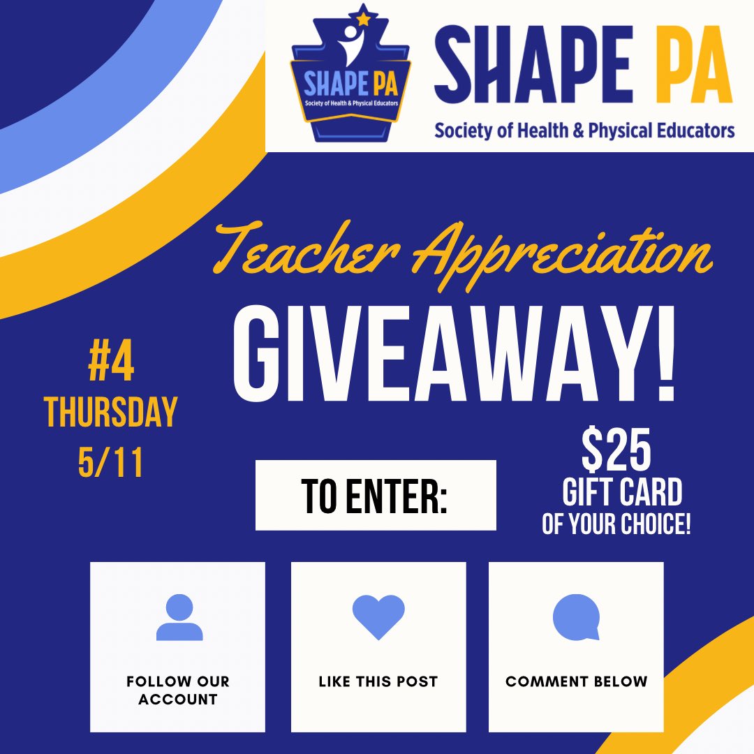 SHAPE_PA's tweet photo. Teacher Appreciation Giveaway #4

💴 $25 gift card of your choice

To Enter: 
1. Follow @SHAPE_PA
2. Like this post ❤️ 
3. Comment below 💬 by telling us your favorite #HealthEd or #PhysEd activity to teach your students. Include the directions &amp; get your name entered twice! https://t.co/uof3NIH0Zc