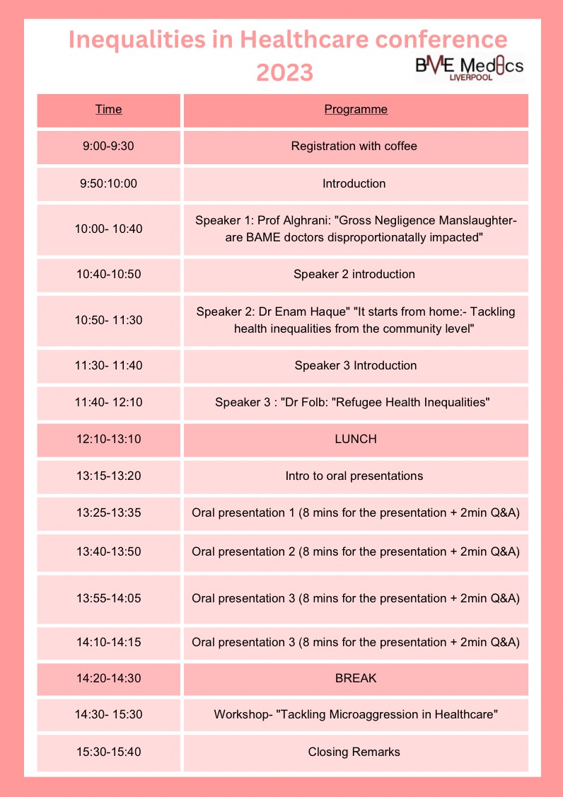 Schedule for the Inequalities in Healthcare Conference on Saturday 13th of May!

Tickets are free and still available:

liverpoolguild.org/groups/bme-med…

#bme #Eurovision #MedTwitter #MedStudentTwitter