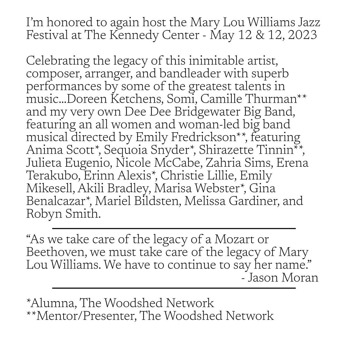 I’m honored to again host the Mary Lou Williams Jazz Festival at The Kennedy Center - May 12 & 12, 2023 @kencen Come out and hear us! #womeninjazz #womeninmusic #WashingtonDC