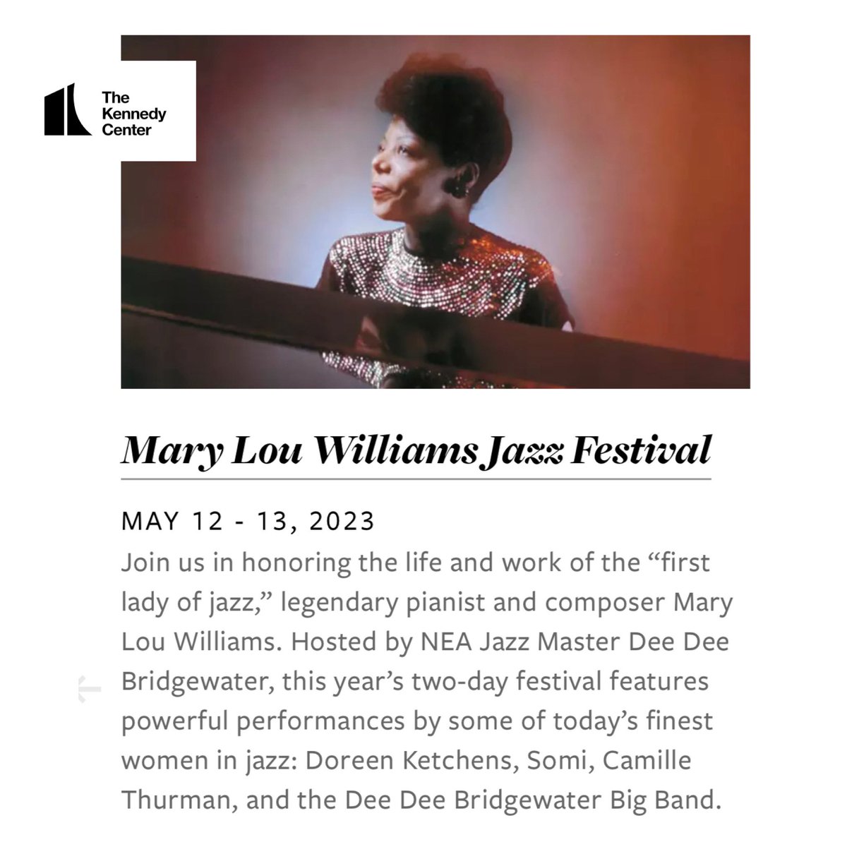 ddbprods's tweet photo. I’m honored to again host the Mary Lou Williams Jazz Festival at The Kennedy Center - May 12 &amp; 12, 2023 @kencen Come out and hear us! #womeninjazz #womeninmusic #WashingtonDC https://t.co/fNQj03WIOE