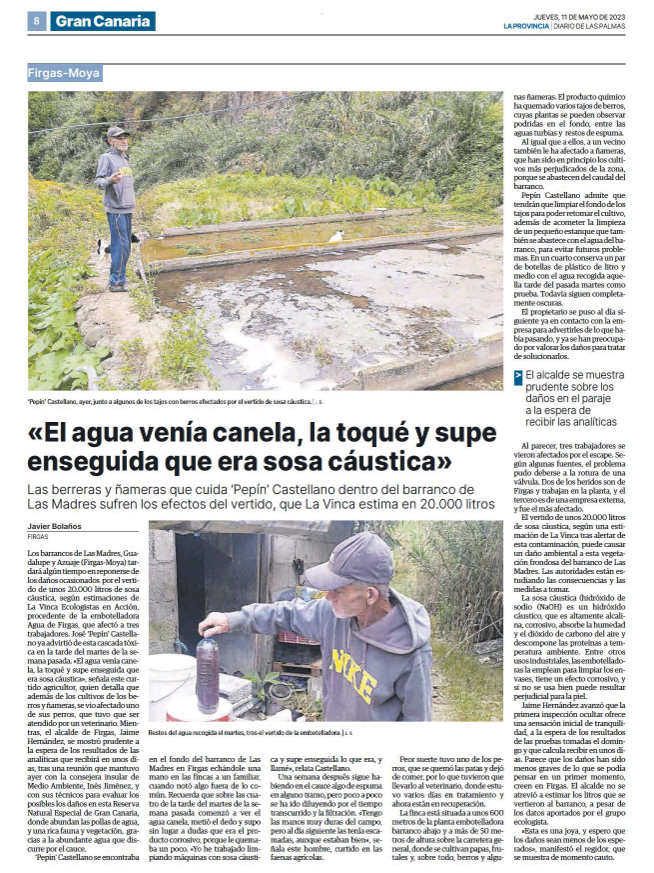 Esto es la 'ecoisla' que quiere el Sr. Morales, cumpliendo e imponiendo la AGENDA SECTARIA 2030. Será un delito contra la salud  pública. Vertido 12.000 litros sosa cáustica en el barranco, de la Virgen, Zuaje,... quemando todo. Habrá que esperar 6 años para su recuperación.