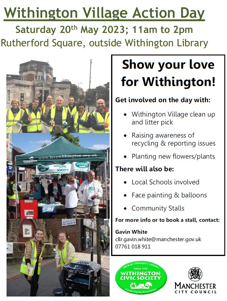 There will be an action day to help clean up and improve our high street and village in Withington on Saturday May 20th, 11am to 2pm.♻️🐝

Lots of community groups and organisations will be taking part to show our love for Withington.❤️

Get in touch if you want to be involved.⬇️