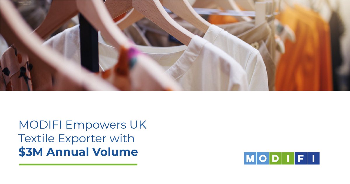 Great news! MODIFI is happy to announce a new client - a UK-based textile exporter, who we are supporting to conduct up to $3M in annual business with their buyer, a well-known UK outdoor clothing and equipment retailer. Read more about it here 👉 bit.ly/3nRe1Ff