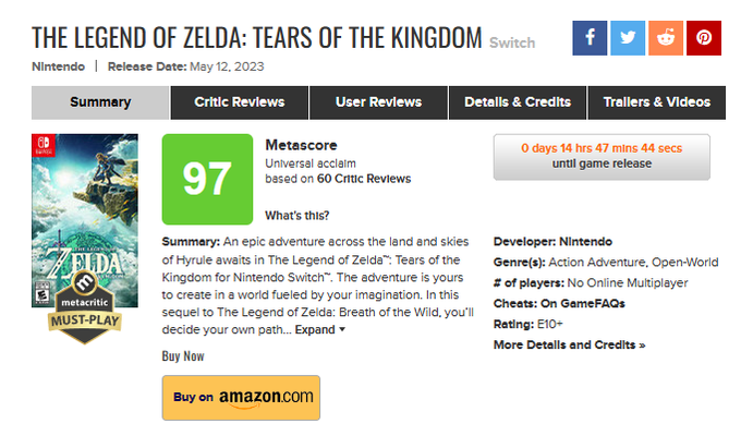 Genki✨ on X: 7 days until The Legend of Zelda: Tears of the Kingdom! BotW  has a amazing 97 on metacritic! I am shooting for the stars and predicting  a 98 for