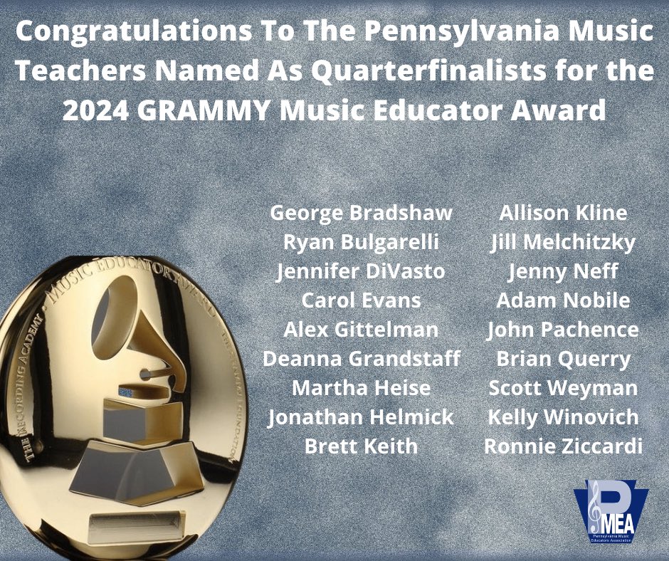 We're so proud of these Pennsylvania music educators that have been named as quarterfinalists for the 2024 GRAMMY Music Educator Award!