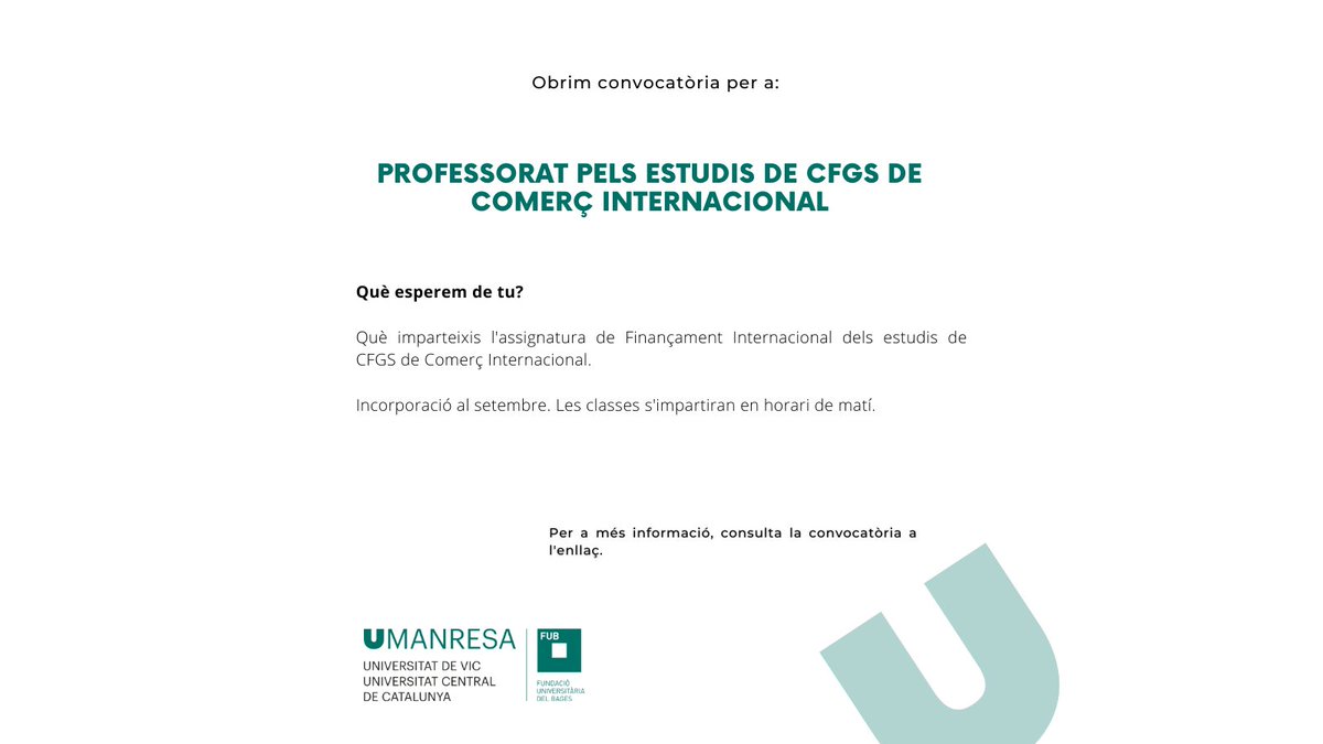 UManresa's tweet photo. 📢-- OFERTA  --

Obrim convocatòria de Professorat pels estudis de CFGS de Comerç Internacional

El termini de presentació es tanca el 31 de maig

Consulteu els detalls a l'enllaç: https://t.co/2aNv1Odr0w

#treballaaUManresa https://t.co/veSMqPCP7N