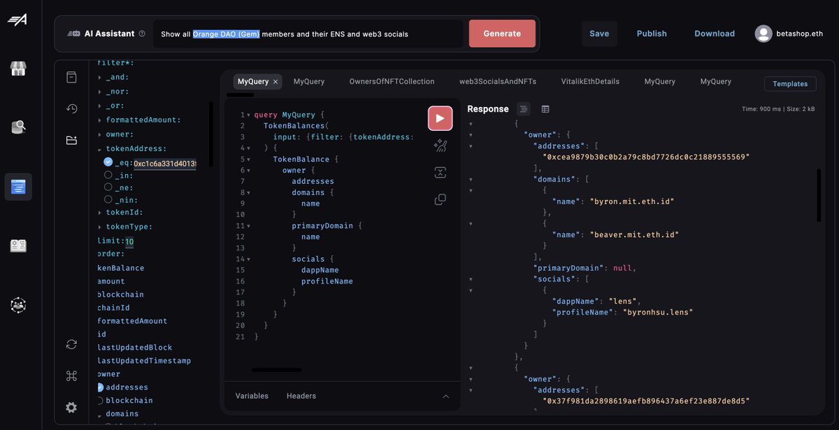 betashop's tweet photo. 👋 We just added Lens to Airstack 🏝 
web3 AI 🤖 developer APIs 👨‍💻

@LensProtocol + @farcaster_xyz + @ensdomains  + NFTs all in one @airstack_xyz API

Examples: 

- For Vitalik.eth show all his web3 social profiles

- Show all Orange DAO members, their ENS, Lens &amp; Farcaster https://t.co/vTe64VUIRW