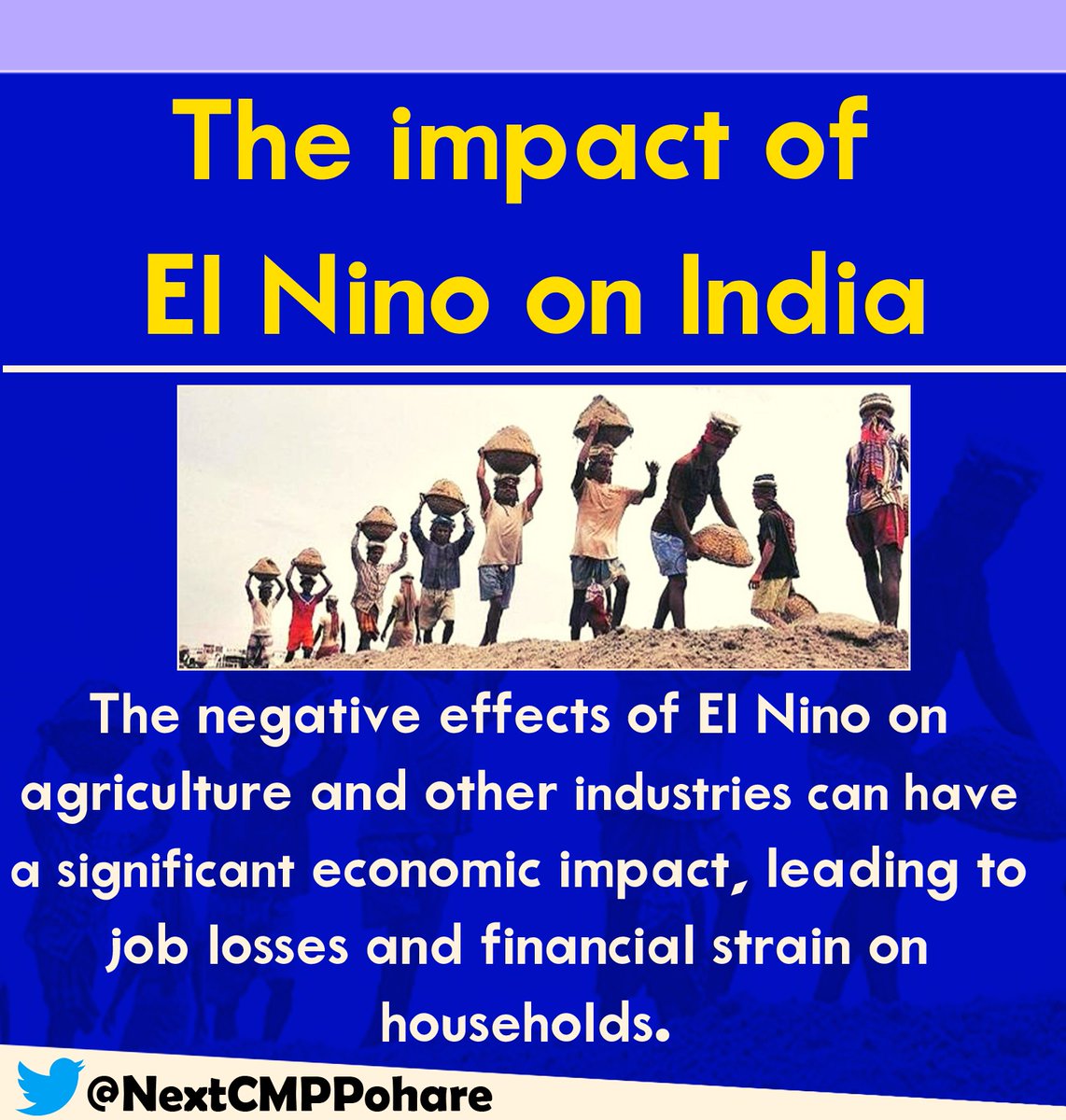 NextCMPPohare's tweet photo. El Nino can produce a reduction in rainfall during the monsoon season in India, which can be disastrous for farmers and the economy as a whole. #ClimateScam
@Indiametdept #agriculture #economy #economicimpact
@IMDWeather #imd #NextCMPPohare
#agriculturelife #farmer #qvive #ElNino https://t.co/5VR3x2zhCJ