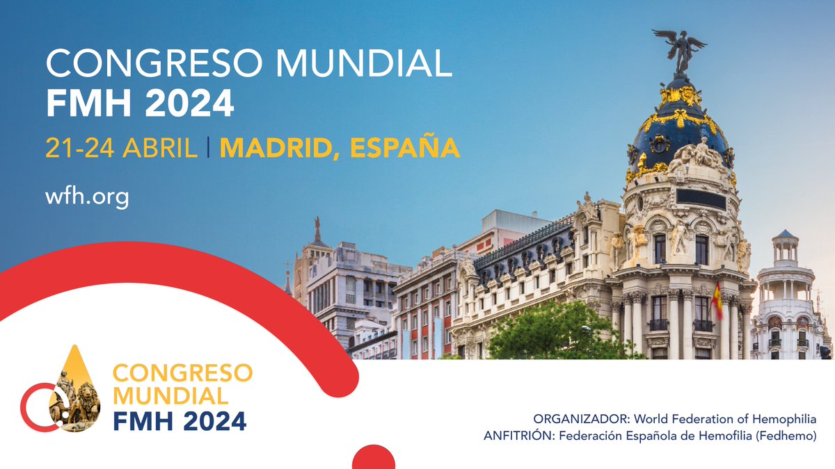 📣 Prepárate para unirte a nosotros del 21 al 24 de abril en el #CongresoMundial @wfhemophilia en Madrid, el evento internacional más grande para discutir los trastornos de la coagulación ¡Marca tus calendarios y mantente atento! 📅 #CongresoWFH #Madrid