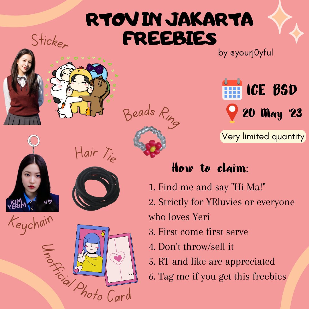 yourj0yful's tweet photo. [rt &amp; likes are appreciated <3]

💜 Freebies R to V in Jakarta 💜 
by @yourj0yful

📍ICE BSD
🗓️ May 20th 2023
⏰️ TBA
‼️ Limited Qty

for reveluvs especially Yeri biased aka YRluvies🐢, come and get yours!

see you🫶🏻
#RtoVinJakarta #RtoVinJKT #RedVelvet #레드벨벳 https://t.co/FatbFgKr0b