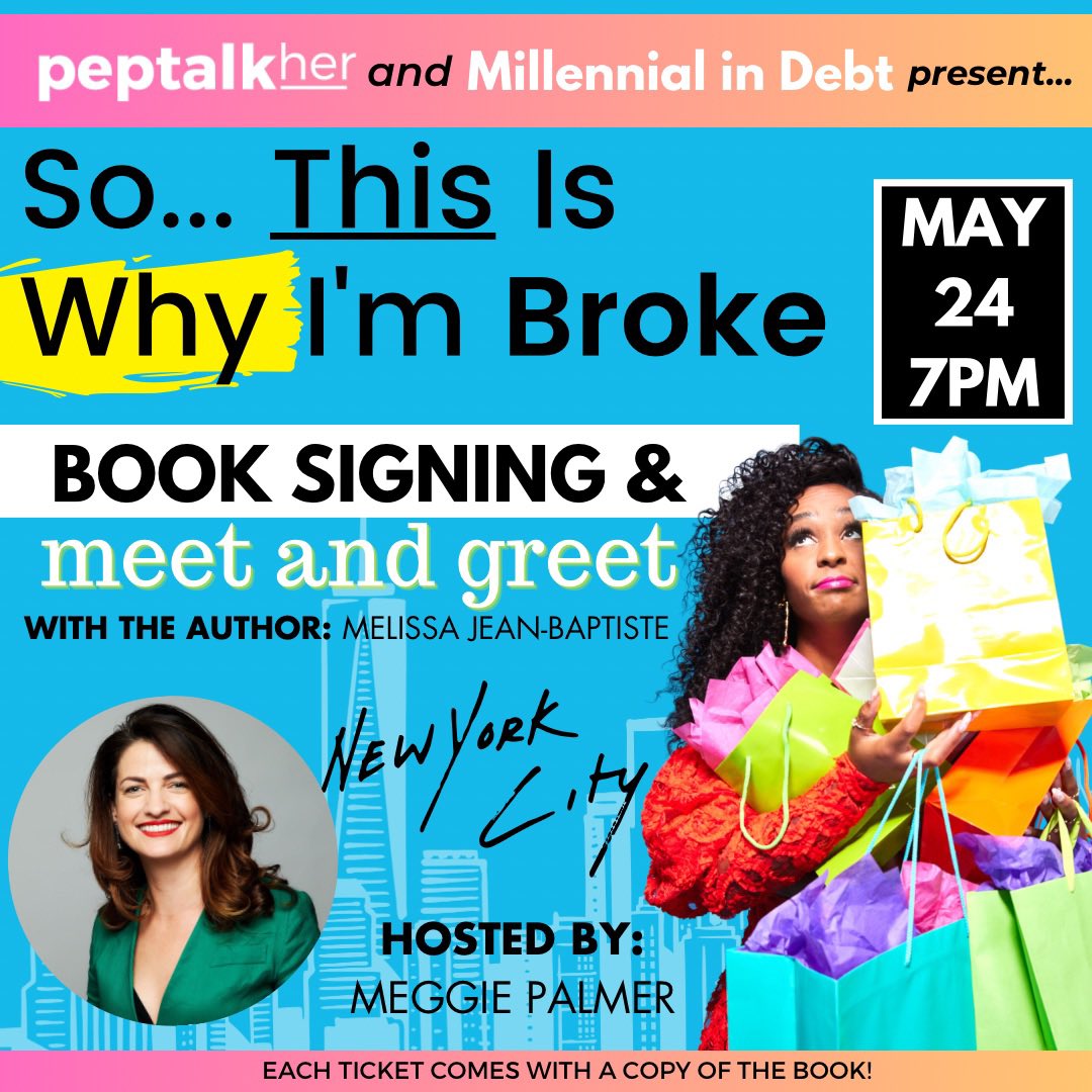 🚨 first book signing / meet & greet 🚨 Pull up on 5.24 in NYC to hear me chat with @MeggiePalmer the CEO of @PepTalkHer about all things money I’ll be having a live Q&A and signing books! Space is limited! Come join me ❤️ bit.ly/41vjfnT