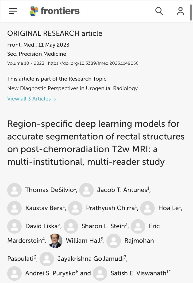 satishev's tweet photo. Thrilled to have our paper out in @FrontiersIn on novel #deeplearning models on #MRI for #rectalcancer, led by
#INVentLab student Thomas DeSilvio in collaboration with @hopelessk @DavidLiskaMD @slsteinmd1 @MardersteinEric @whallradonc @jaygoll @Purysko
https://t.co/QNx0wity8C https://t.co/7cbvlJMtXs
