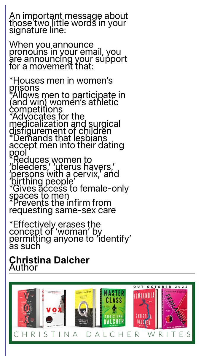 CV_Dalcher's tweet photo. Received another one of those ‘my pronouns are_______’ email signatures from a publishing person today, so I modified my own signature for the purpose of responding.

Is that wrong? https://t.co/UlM5rn8PEY