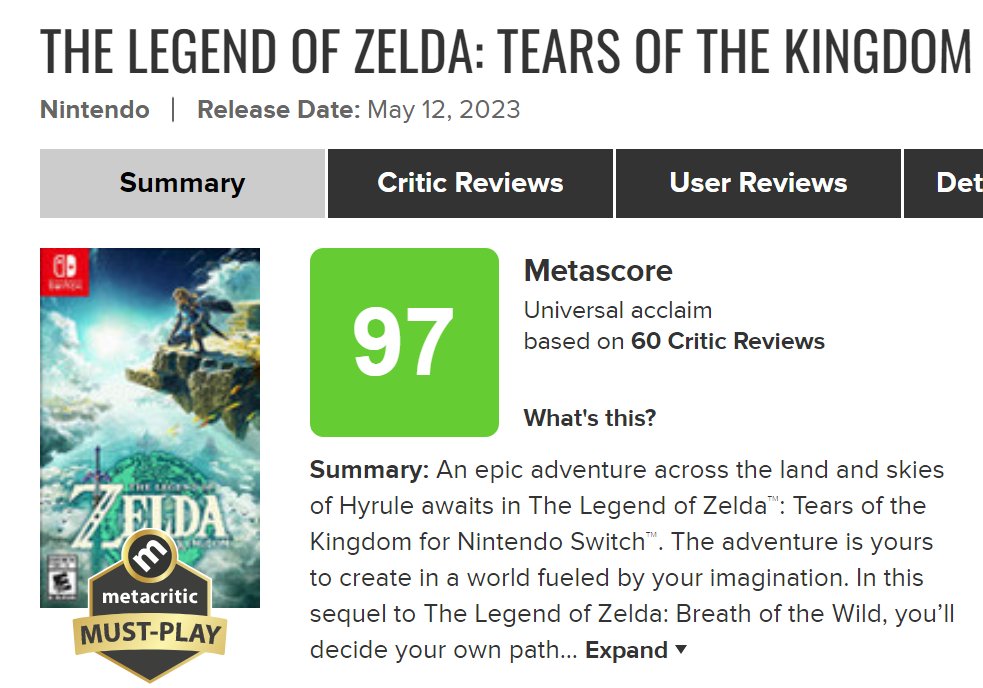 What's everyone's thought on TOTK being a 95 metacritic rating compared to  BOTWs 97 rating : r/tearsofthekingdom