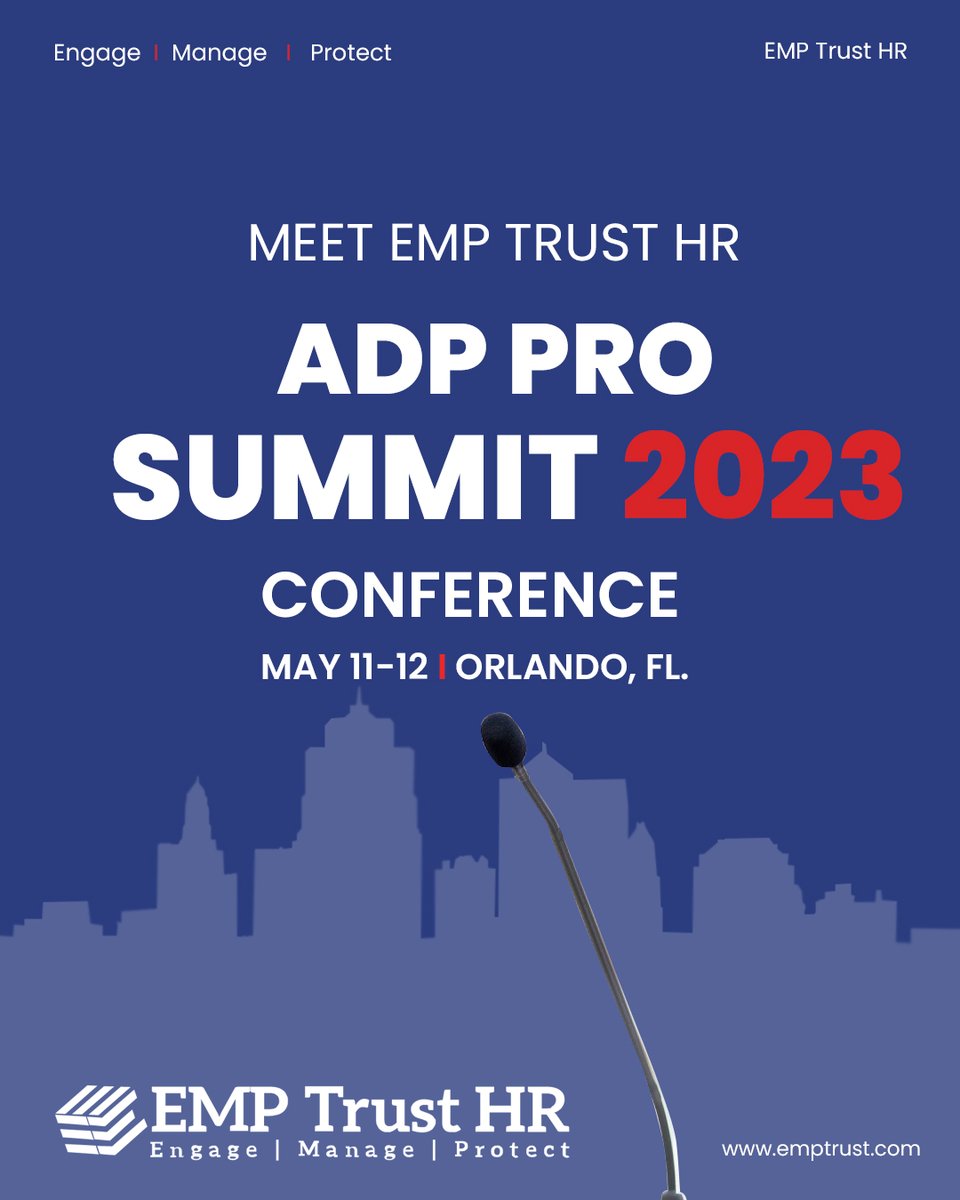 EMPTrust's tweet image. Connect with EMP Trust HR at the ADP Pro conference today! at Orlando.
Swing by our booth and meet the EMP Trust team.
We’d like to learn more about your requirements &amp;amp; explore if we can assist you in streamlining your onboarding process.

#EMPTrustHRsolutions #ADP #ADPPRO