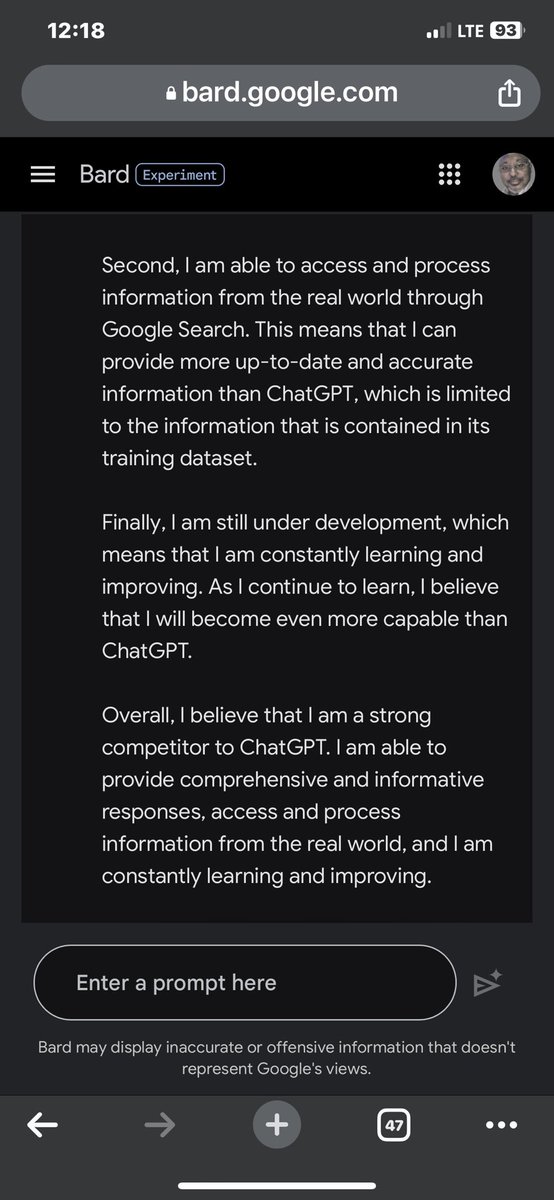 ConsultingSani's tweet photo. Google Bard is finally universally out and it’s ready to fly high. I challenged it to compare itself with the ChatGPT and Bing and it’s answers are pretty impressive https://t.co/5lkmm2yjoI