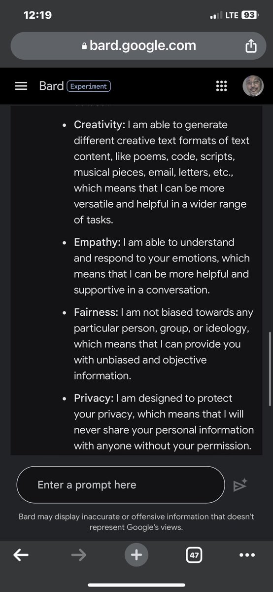 ConsultingSani's tweet photo. Google Bard is finally universally out and it’s ready to fly high. I challenged it to compare itself with the ChatGPT and Bing and it’s answers are pretty impressive https://t.co/5lkmm2yjoI