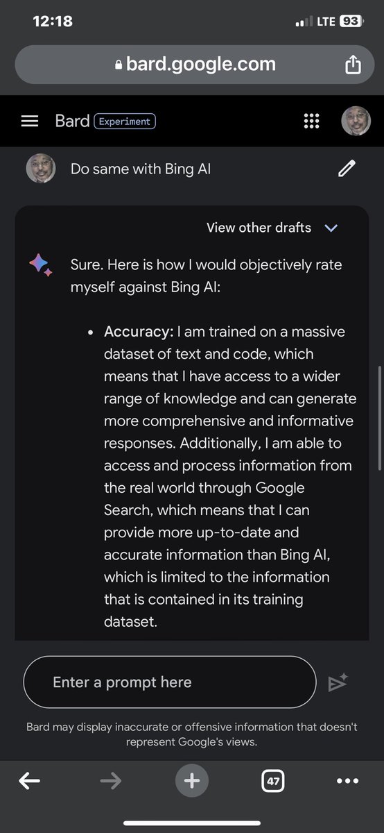 ConsultingSani's tweet photo. Google Bard is finally universally out and it’s ready to fly high. I challenged it to compare itself with the ChatGPT and Bing and it’s answers are pretty impressive https://t.co/5lkmm2yjoI