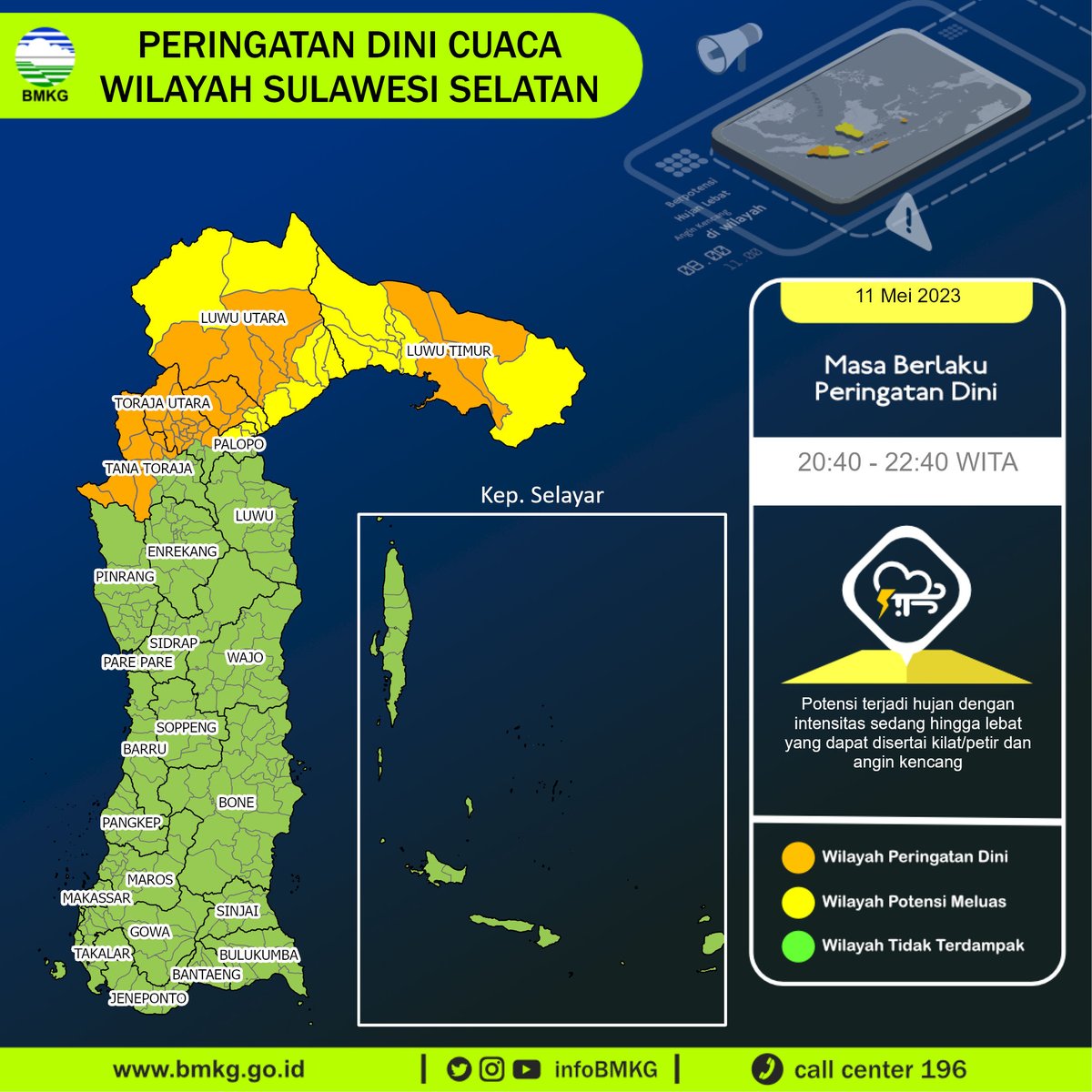 infoBMKG's tweet photo. Update Peringatan Dini Cuaca Wilayah - Sulawesi Selatan Tgl. 11 Mei 2023 pkl. 20:40 WITA
Prakirawan - BMKG - Sulawesi Selatan
https://t.co/tLZte24nry https://t.co/7z5pdtH4wj