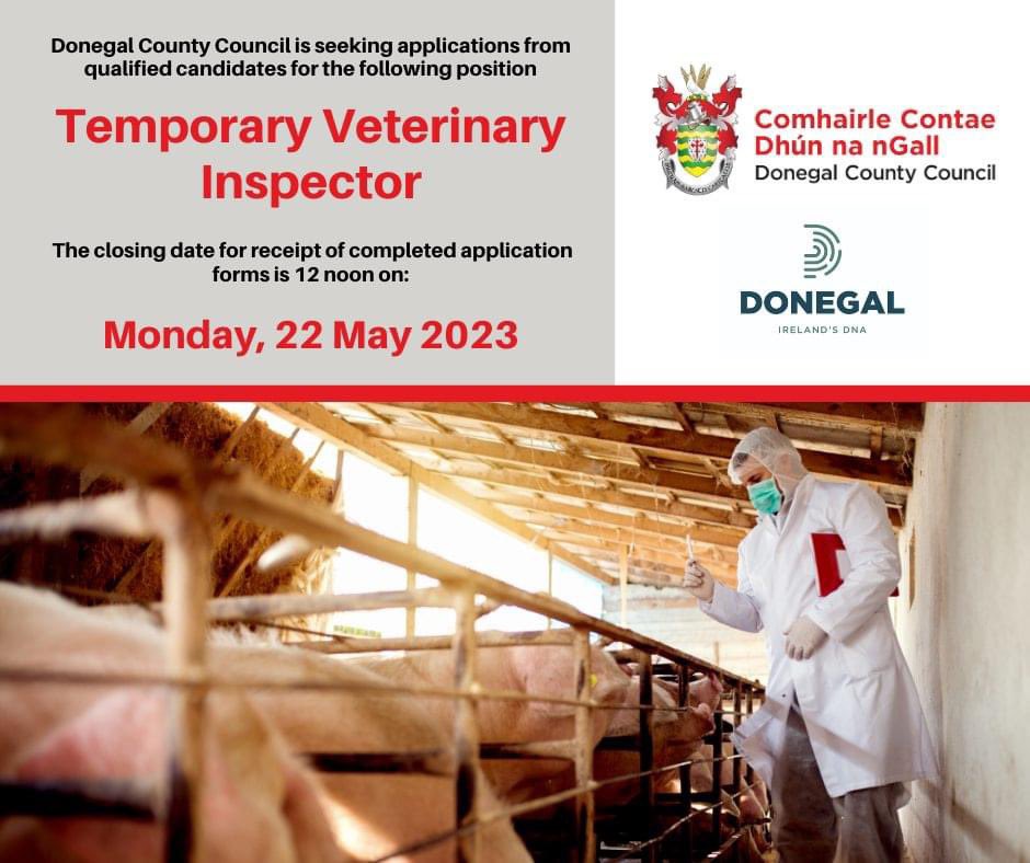 The following vacancies are being advertised by Donegal County Council;

- Temporary Veterinary Inspector

Closing date; 12 noon 22.05.2023

Further Info; ow.ly/kUNz50EBN21

#localgovjobs #donegal #jobs 

Info ó @donegalcouncil