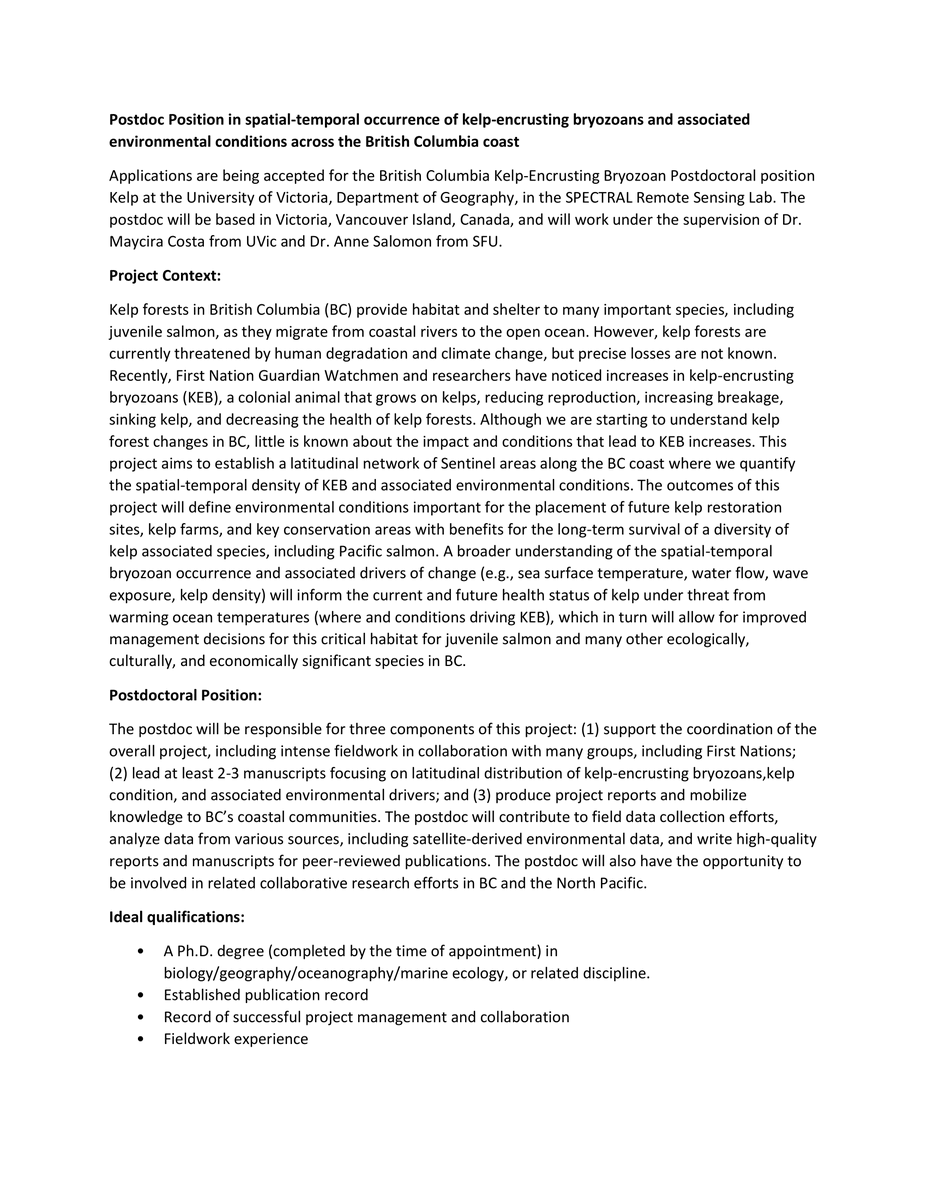 MEOPAR_Network's tweet photo. #Postdoc position at @uvic  &amp; @SFU  for 3 years working on kelp encrusting bryozoans and the @UVicSpectral Remote Sensing Lab.
Deadline to Apply: June 15, 2023
More details are in the attached photos. https://t.co/CxOLjF145x