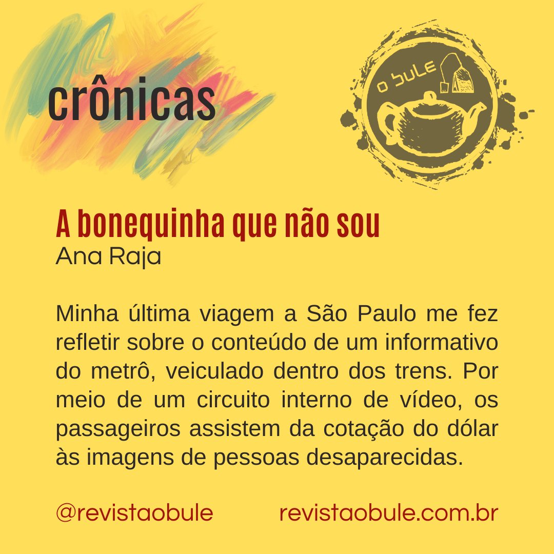 revistaobule's tweet photo. Revista O Bule - Crônica do Dia
Ana Raja fala sobre uma viagem de metrô e um incômodo.
Confira:
https://t.co/0A9pG9YR1P
#anaraja #cronicas #revistaobule #obule https://t.co/1SBYpLmMxB