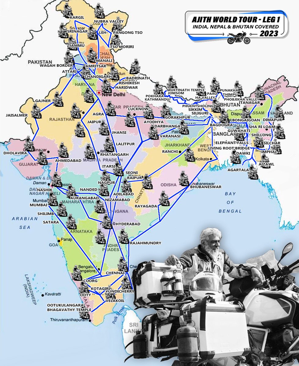 SureshChandraa's tweet photo. Redesigned 

Havind ridden across Challenging Terrains and facing extreme weather conditions. Ajith sir has ridden across every Indian state n has covered Nepal n Bhutan aswell.
Next leg of world tour to begin in Nov 2023

#AjithKumarWorldTour
#AKWorldRideformutualrespect https://t.co/M0gr6UhhVJ