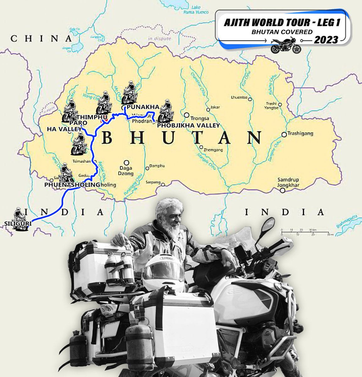 SureshChandraa's tweet photo. Redesigned 

Havind ridden across Challenging Terrains and facing extreme weather conditions. Ajith sir has ridden across every Indian state n has covered Nepal n Bhutan aswell.
Next leg of world tour to begin in Nov 2023

#AjithKumarWorldTour
#AKWorldRideformutualrespect https://t.co/M0gr6UhhVJ
