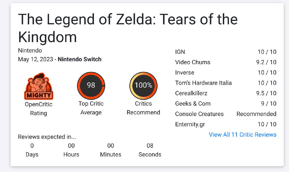 PNosuares's tweet photo. Simplesmente nota #98 no #metacritic.

#ZeldaTearsOfTheKingdom oficialmente sem embargo. https://t.co/mPh4RCTASa