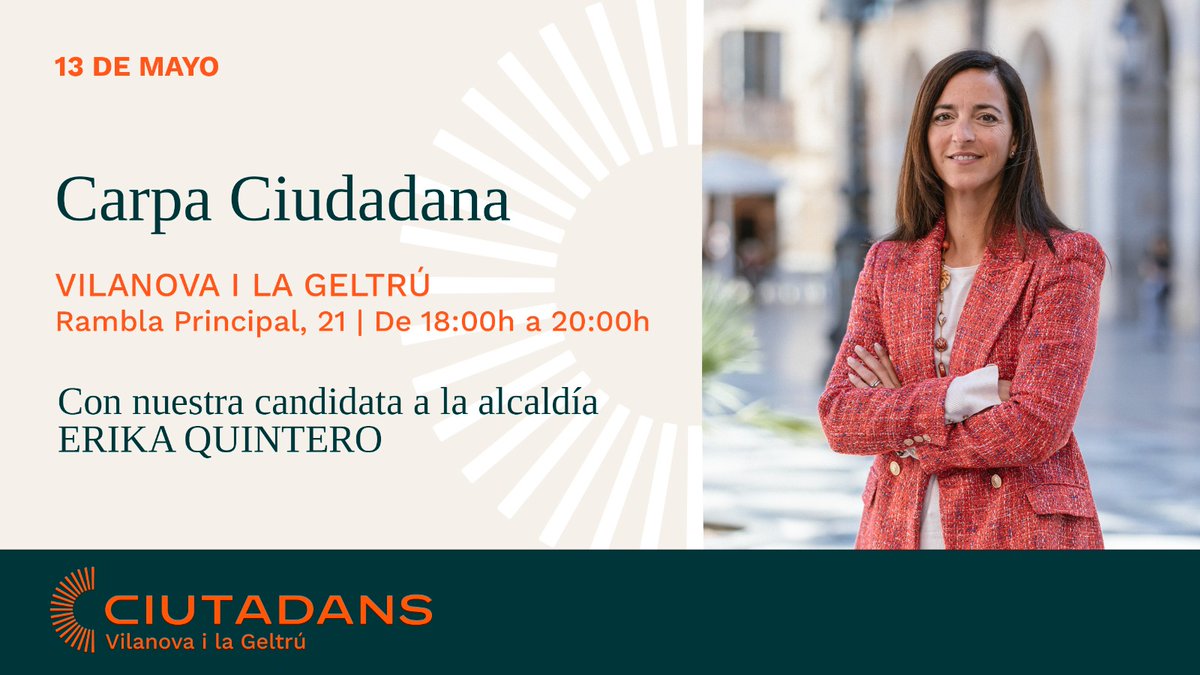 📆El sábado 13-mayo estaremos de nuevo con nuestra #carpainformativa en #VNG, con nuestros concejales y nuestra candidata <a href="/erikaquintero_1/">Erika Quintero</a>
📌Rambla Principal, 21.
🕥 De 18:00 a 20:00h.
👂🏼Queremos conocer tus ideas sobre #Vilanova y explicarte las nuestras. #porlostuyos #liberate