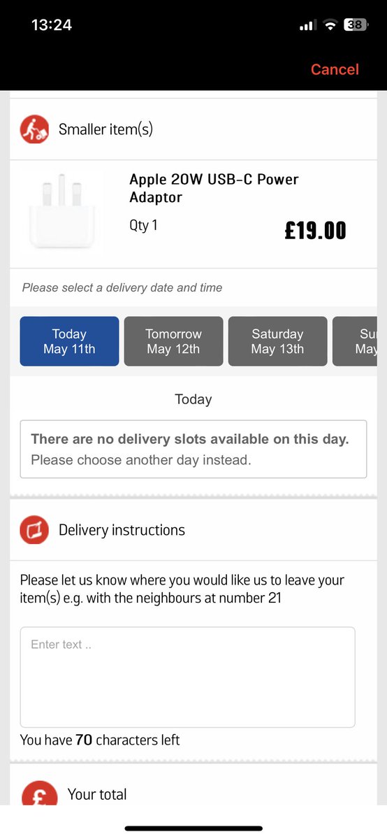 longlyload's tweet photo. @ArgosHelpers hey guys, why does your app say same day delivery if there is no slots? #annoying https://t.co/r7bUgLNrTH